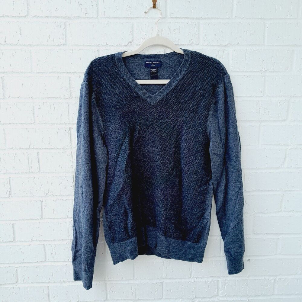 Banana Republic Merino Wool Mens Herringbone V Neck Fall Winter Sweater Sz:L